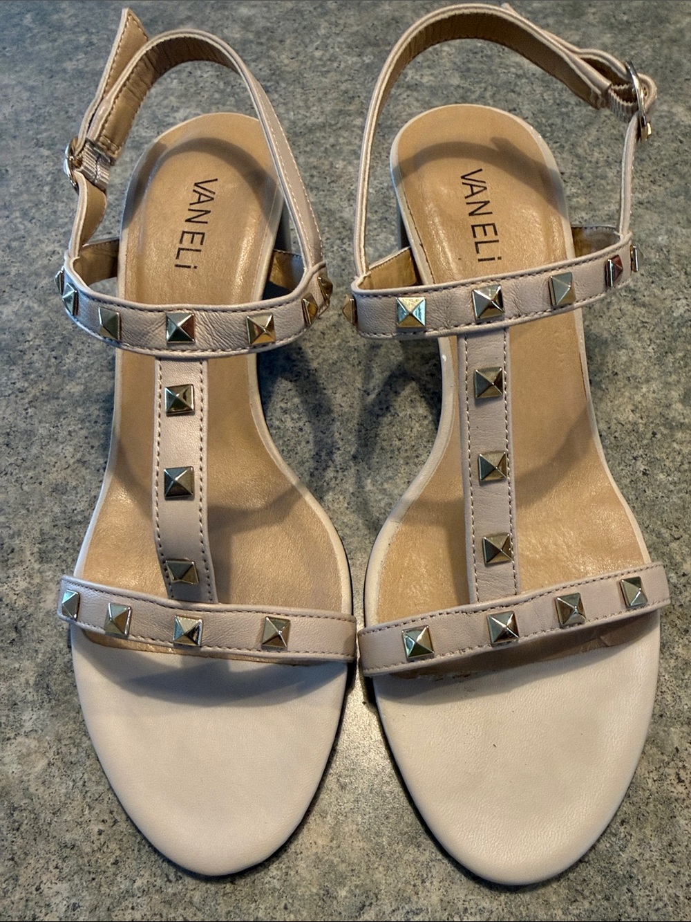 Vaneli Beige Studded T-Strap Sandals